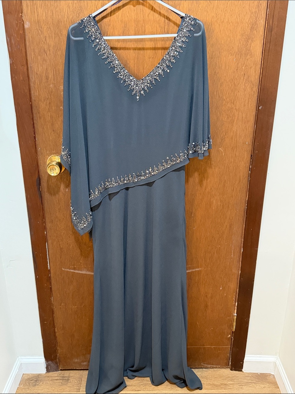 J Kara Slate Blue Beaded V-Neck Maxi Dress